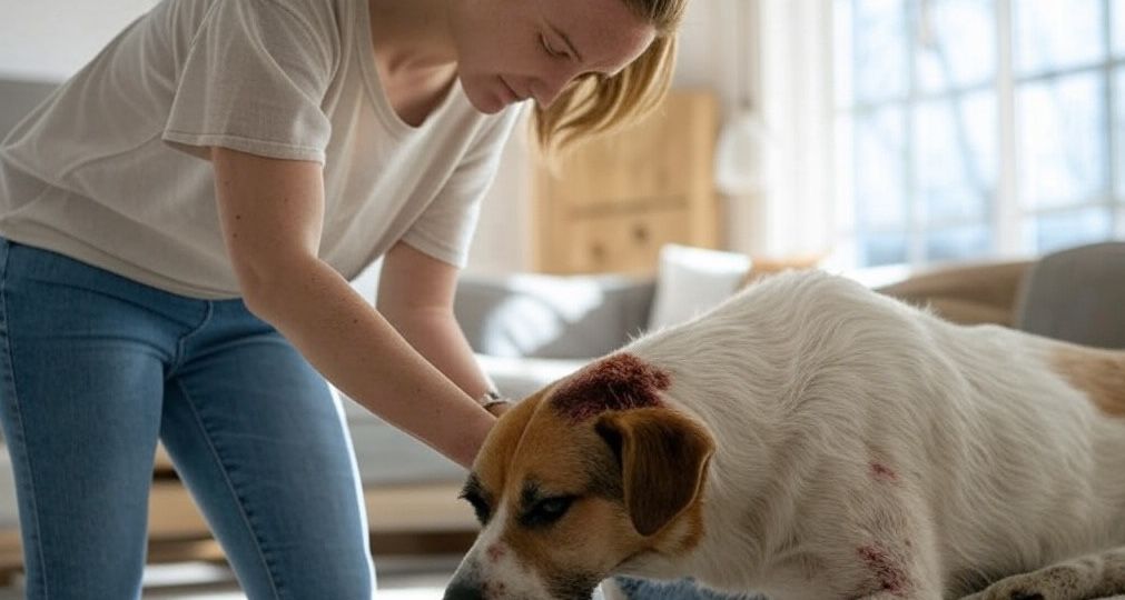 Kadın evde köpeğinin yarasını temizliyor