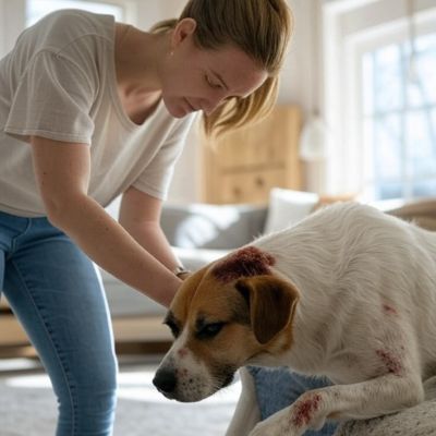 Kadın evde köpeğinin yarasını temizliyor